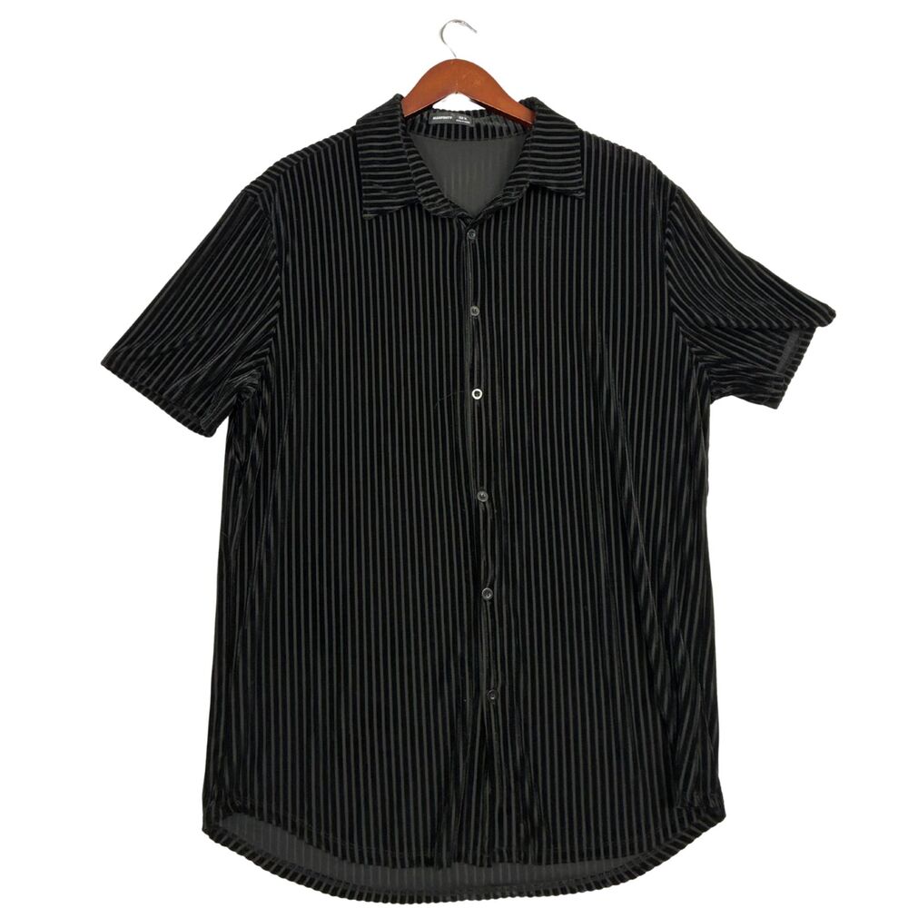 MANFINITY Mens XL Black Velvet Stripe Button Up Shirt Short Sleeve Party Dress